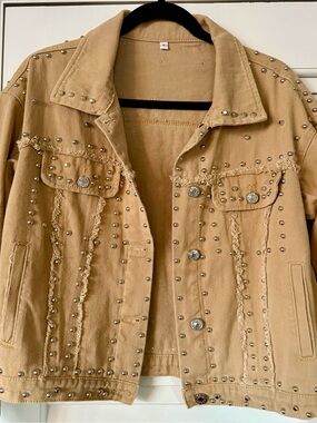 Beige Studded Jean Jacket with Frayed Trim